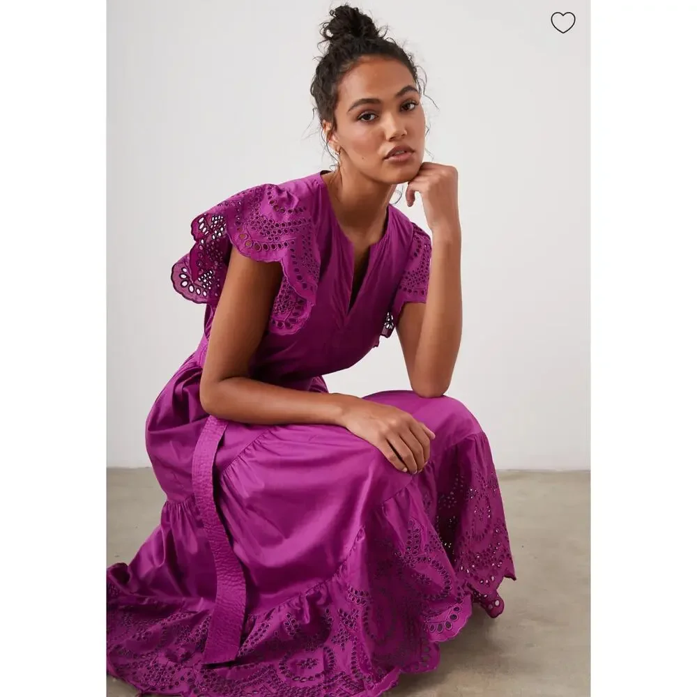 Rails Purple Magenta Berry Gia Dress Cotton Poplin Eyelet Midi Dress Size Medium